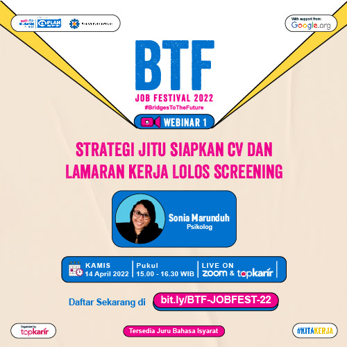 Webinar 1 BTF Job Festival: Strategi Jitu Siapkan CV dan Lamaran Kerja Lolos Screening | TopKarir.com